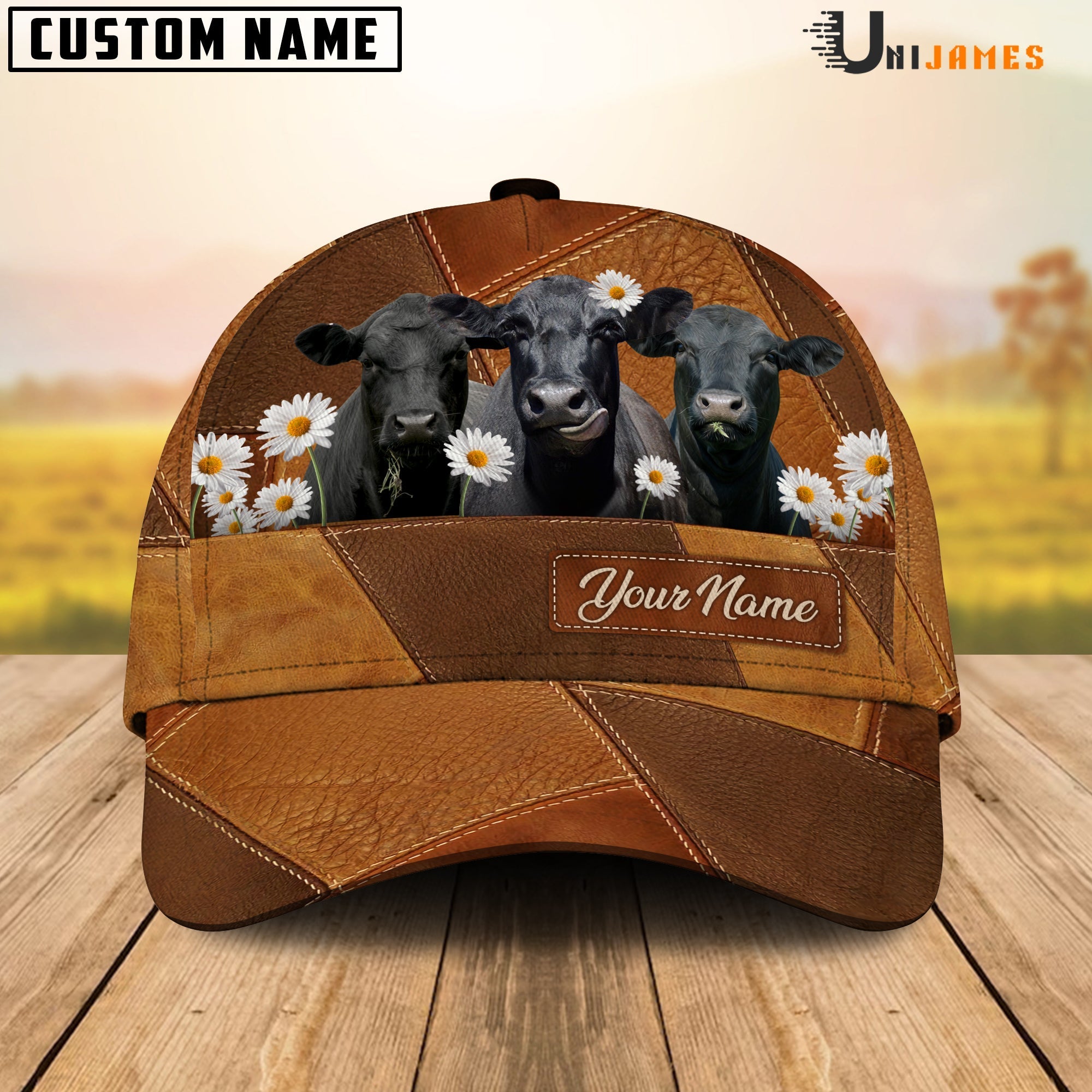 Black Angus Daisy Flowers Customized Name Cap