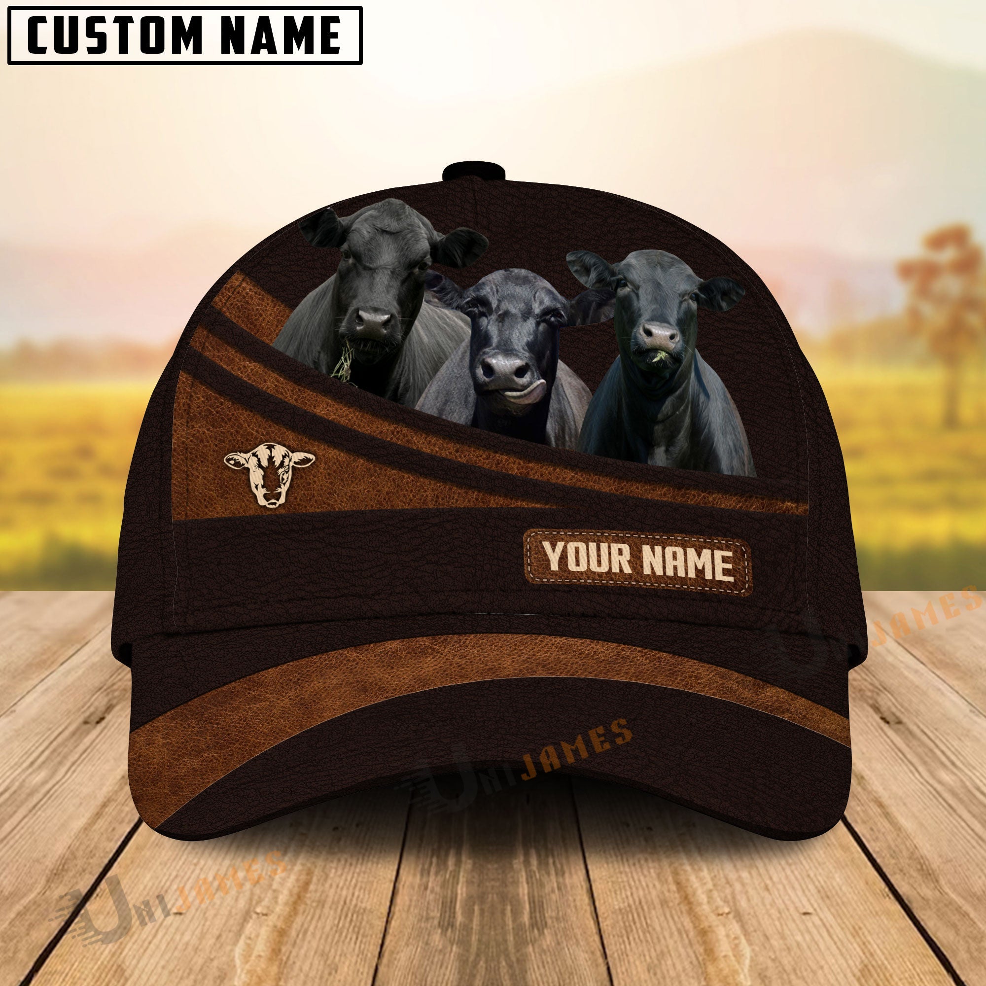 Black Angus Farm Leather Pattern Customized Name Cap
