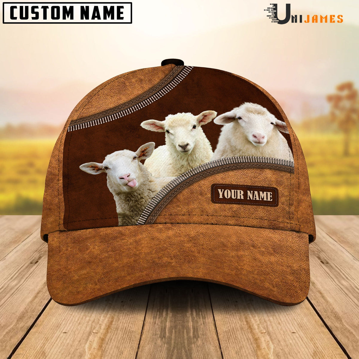 Sheep Happiness Leather Pattern Customized Name Cap