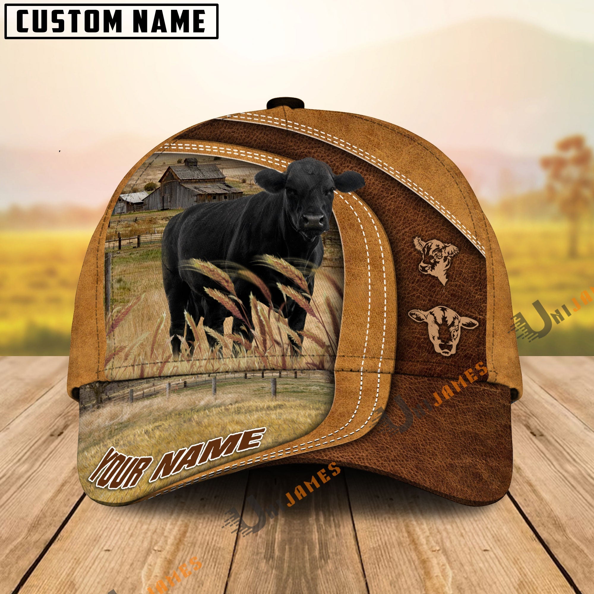 Black Angus Ranch Lift Leather Pattern Customized Name Cap