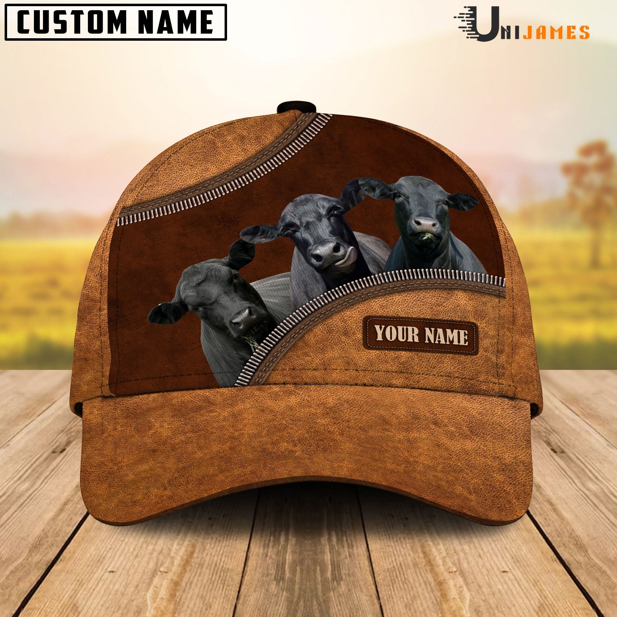Black Angus Happiness Leather Pattern Customized Name Cap