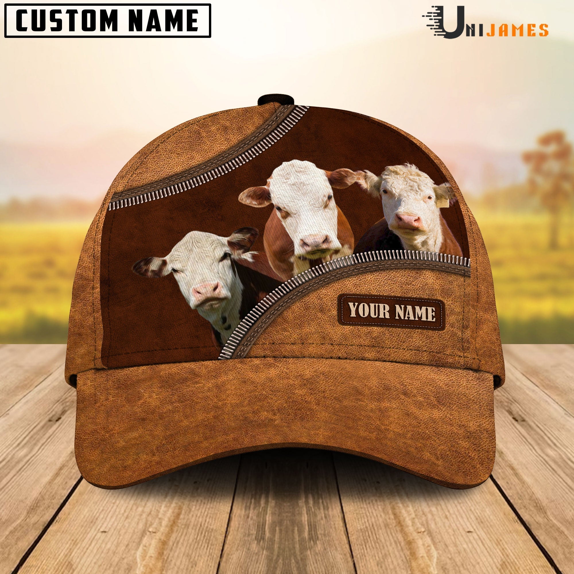 Hereford Happiness Leather Pattern Customized Name Cap