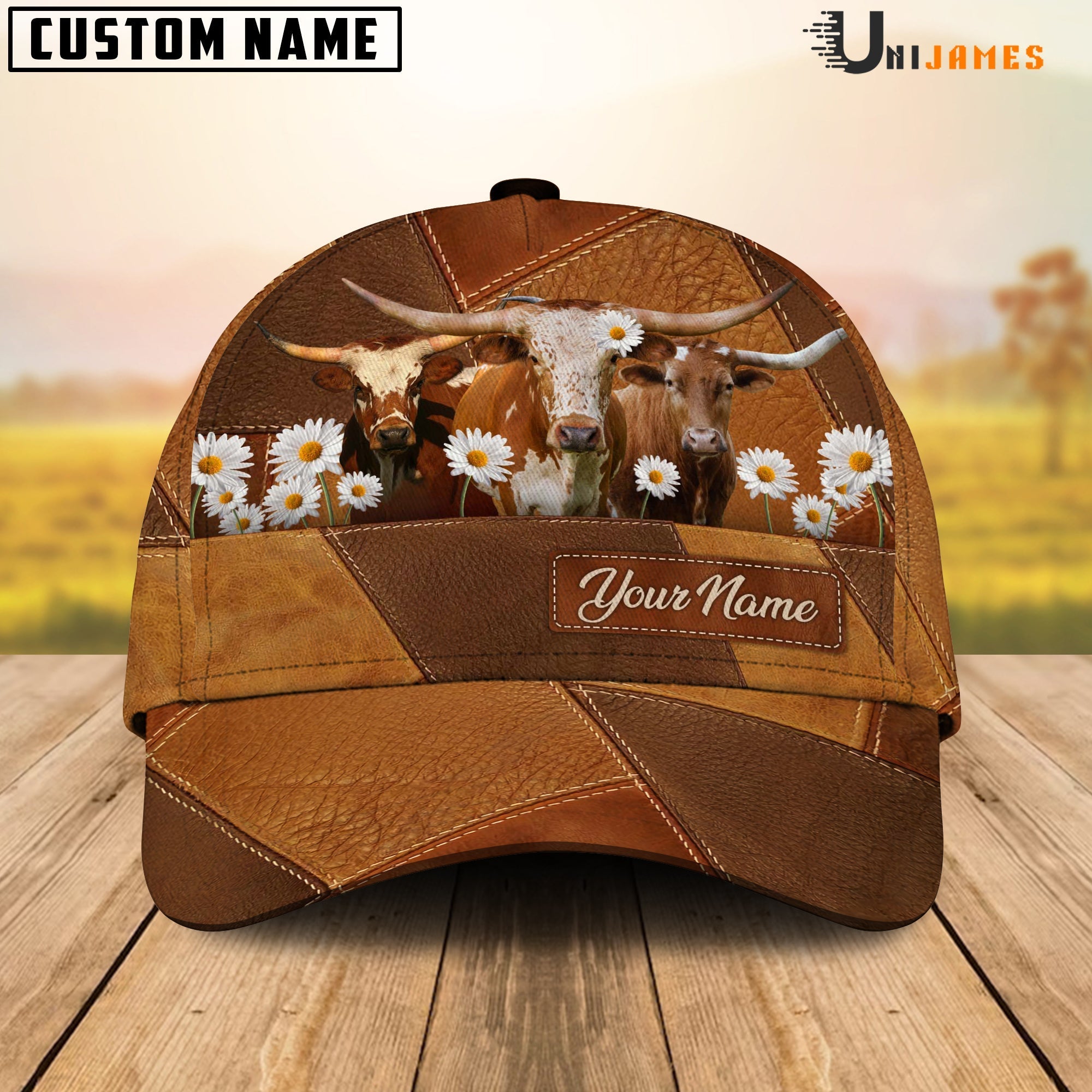 Texas Longhorn Daisy Flowers Customized Name Cap