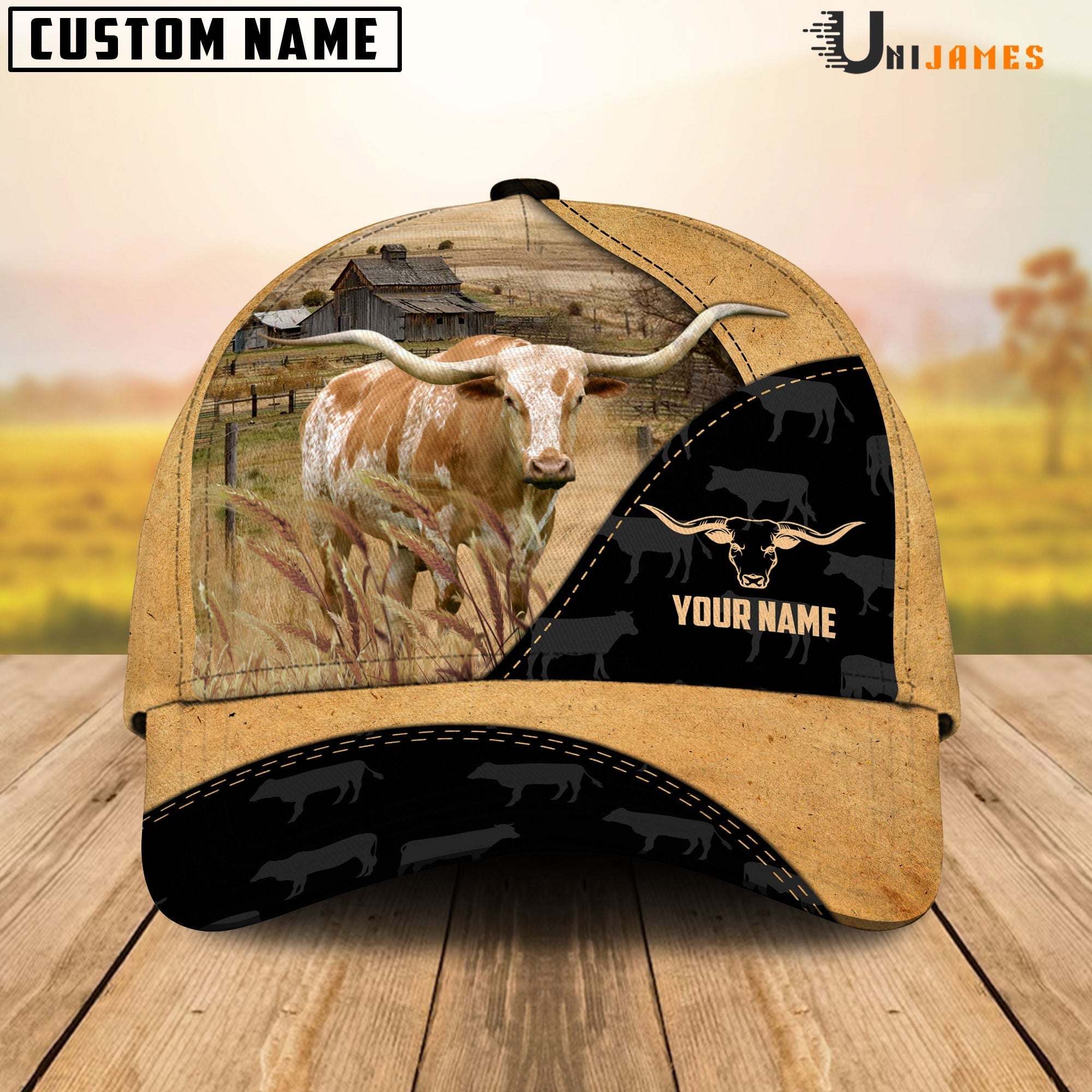 TX Longhorn Cattle Black & Yellow Personalized Name Cap