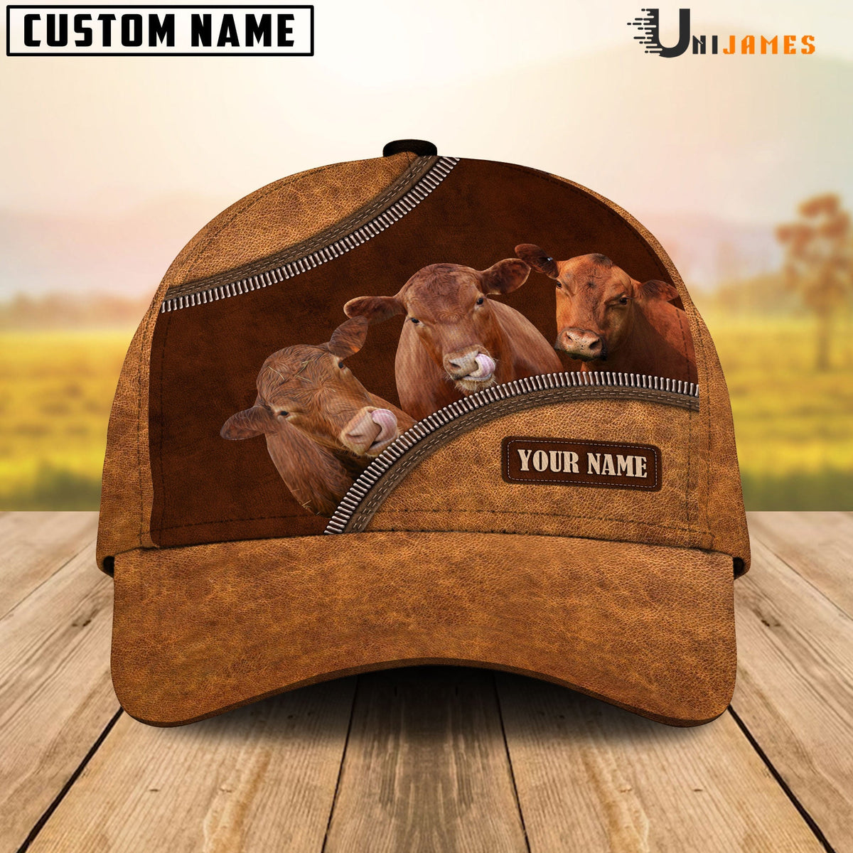 Red Angus Happiness Leather Pattern Customized Name Cap