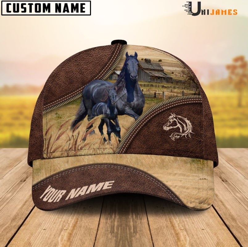 Black Percheron Horse On The Farm Customized Name 3D Brown Cap