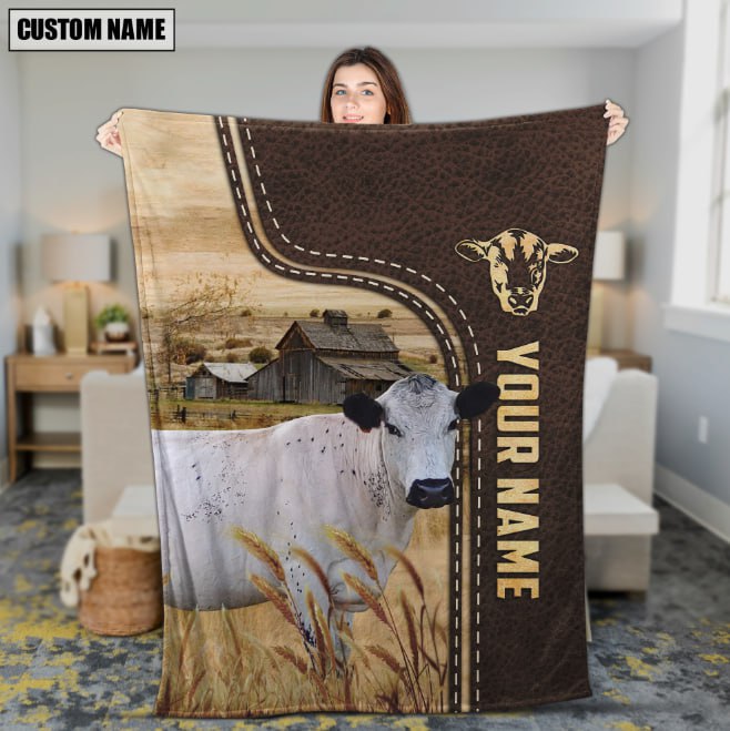 Personalized Name White Park Cattle Leather Pattern Blanket