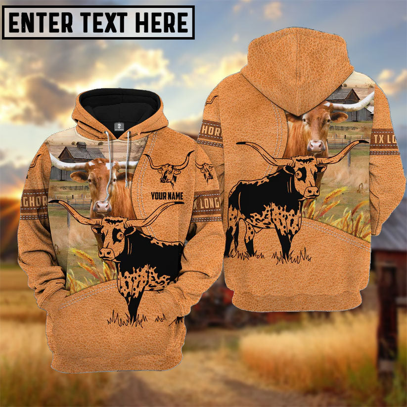 Farm Personalized Name Texas Longhorn Light Brown Pattern 3D  Hoodie