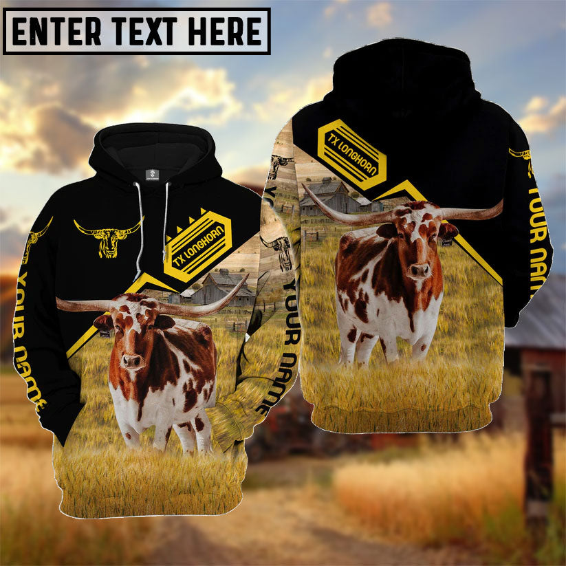 Personalized Name Texas Longhorn Black Yellow Pattern 3D Hoodie